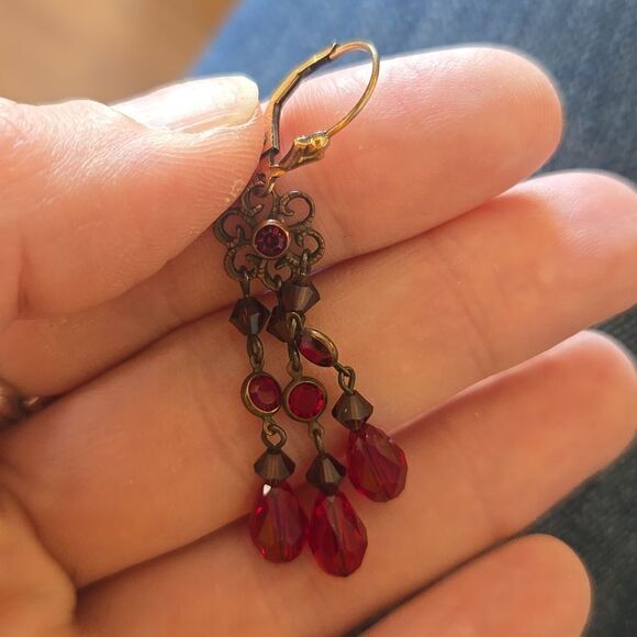 Vintage Gold Filled Red Dangle Earrings - Picture 8 of 9